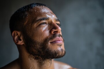 Close-up portrait of a man with sweat on his face looking upward in dramatic natural light, highlighting strength, determination, intense focus, physical effort.