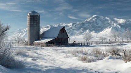 A winter landscape with a barn and silo,