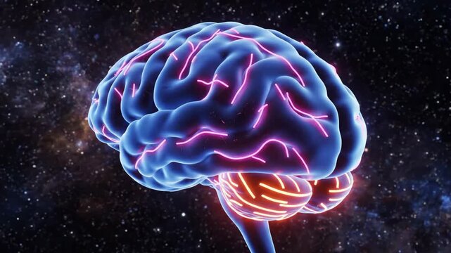 Rotating 3D Brain with Pulsing Neon Lines - This video shows a 3D model of a brain, featuring a blue cortex with pulsing neon pink lines and an orange striped cerebellum.