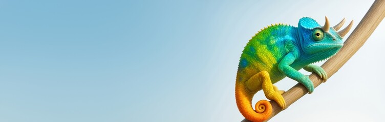 Obraz premium Colorful horned chameleon on branch with clean blue background and empty copyspace for design template or promotional banner concept. Ai generative