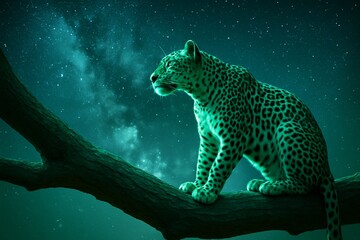 Leopard glowing in green light sitting on a tree branch under a starry night sky background, surreal wild nature fantasy concept scene. Ai generative
