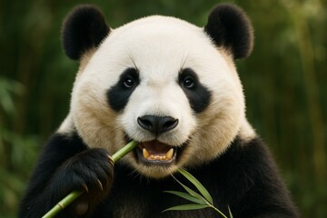 Obraz premium Close-up of a giant panda eating bamboo in natural forest environment, soft light background, cute wildlife animal concept. Ai generative. Ai generative