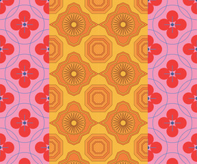 Colorful Nature Floral Wallpaper Pattern in Vintage Art Style with Trendy Geometric Shapes and Botanical Vector Decor