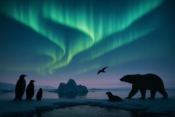 Silhouettes of Arctic animals under vivid aurora borealis in icy landscape with glowing green light waves in a magical twilight background sky. Ai generative
