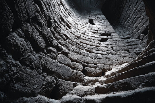 Ancient well structure made of rough stones with sunlight filtering down a steep shaft