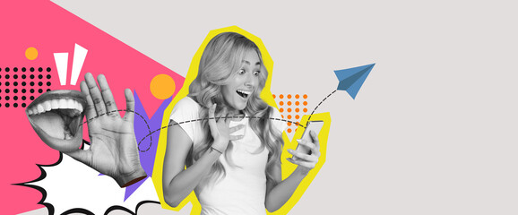 A colorful collage displays a cheerful person interacting with a smartphone. Hands are raised in excitement, and a paper airplane design signifies communication.