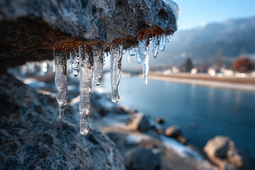 Close-up of icicles hanging from a rock, with a river and a distant town visible in the background under winter conditions