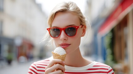Young blonde woman enjoys a sweet ice cream cone while wearing red sunglasses on a blurred city street