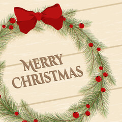 Christmas greetings with garlands on wooden floor. Vector illustration Christmas and new year greeting card.