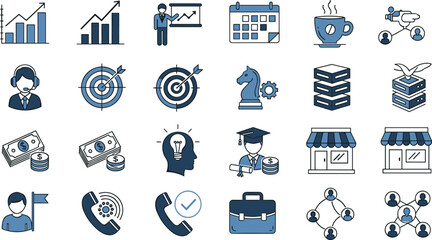 Vector illustration of 25 business icons—symbols for strategy, finance, teamwork, communication, planning, growth, education, and customer service reference