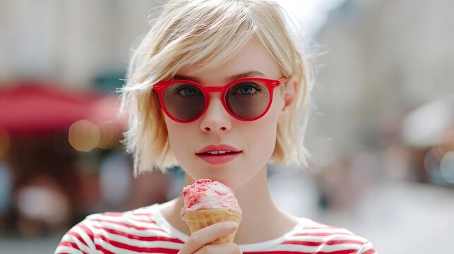 Close up of a stylish young woman wearing red sunglasses and a striped shirt holding a refreshing ice cream cone on a sunny day in an urban environment - Powered by Adobe