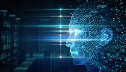 A digital human head representing global technology, data, and connected networks around the world