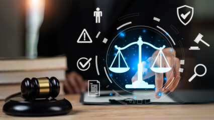 This image represents legal compliance, regulatory systems, and justice principles in a digital context, ideal for professional use in law, corporate ethics, digital governance, data security content.