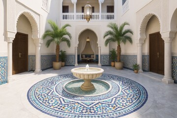 Naklejka premium Traditional Moroccan courtyard with mosaic fountain, arched doorways, palm trees, and intricate wall tiles in bright daylight ambiance. Ai generative