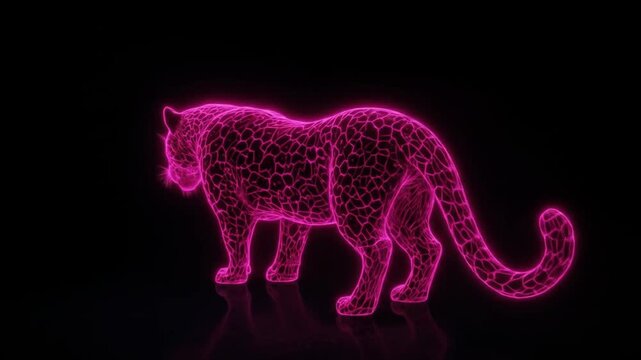 Neon leopard on black background. Bright pink color, artistic digital art, fantasy animal, leopard print. 4k video