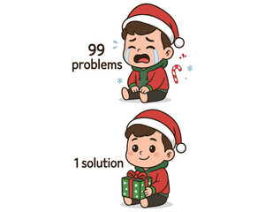 Sad child with 99 problems contrasted with happy child with one solution gift