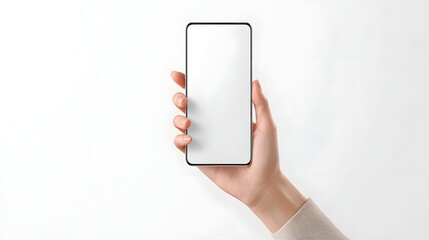 Close up of a person s hand presenting a sleek smartphone its empty white display perfect for branding or application previews in a minimalist setting