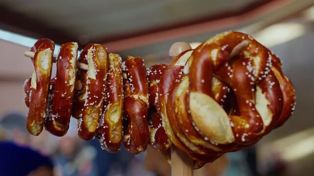 Christmas market in Colmar with traditional brezels. Closeup