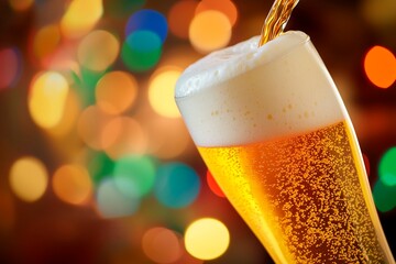 Beer Pouring into Glass with Foam and Bubbles. Refreshing Beer Being Poured with Colorful Bokeh Background
