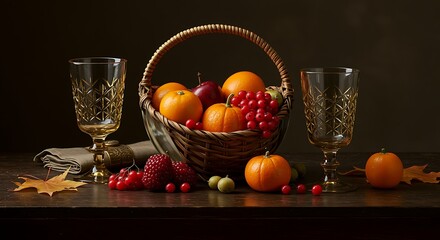 A still life composition with autumn fruits pumpkins and ornate glassware