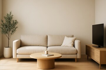 Naklejka premium Minimalist beige living room interior with modern sofa, wooden furniture, TV and potted plant on light wooden floor and neutral background wall. Ai generative