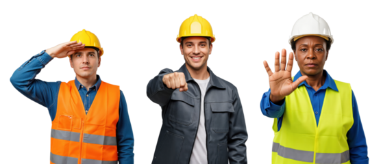 Diverse Group of Three Construction Workers: Two Men and One Woman, Middle-Aged, in Safety Gear with Helmet, Displaying Various Hand Gestures and Expressions Against transparent background