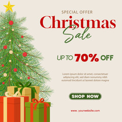 Christmas special offer with Christmas tree and presents. Vector illustration Christmas sale template for social media promotion, banner, poster and shopping event. 