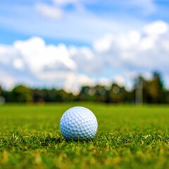 Golf ball on a green fairway, focus on the ball.  Blurred background of trees, sky and clouds
