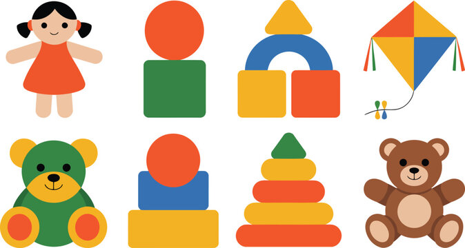 Collection of colorful cartoon toys including a doll teddy bears kite and building blocks vector