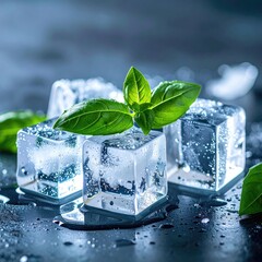 Fresh ice cubes with basil leaves (4)
