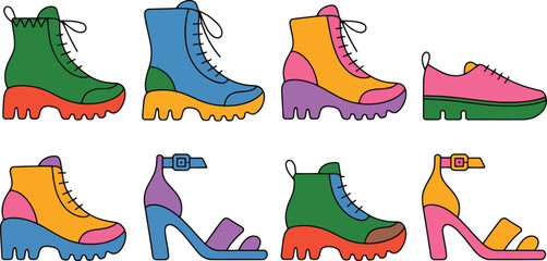 Collection of eight colorful cartoon style footwear illustrations including boots sneakers and sandals