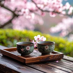 Two teacups on a wooden tray, bathed in springtime blossoms