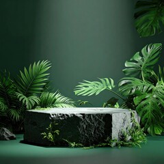Dark grey stone pedestal surrounded by lush green tropical foliage on a teal backdrop