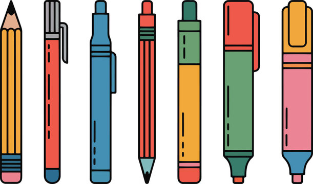 Collection of colorful writing and drawing instruments including pencils pens and markers vector - Powered by Adobe