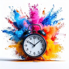 A black alarm clock in the center of a vibrant explosion of colorful powder