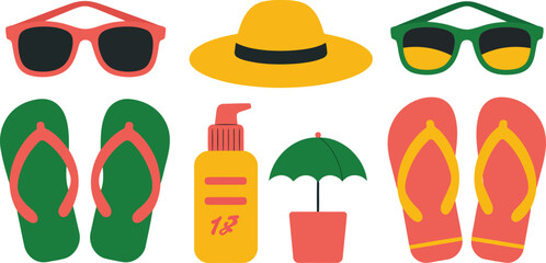 Collection of flat design summer vacation accessories including sunglasses hat flip flops and sunscreen