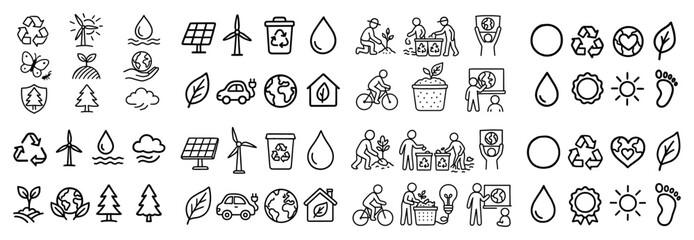 Eco-friendly icons: recycling, energy, nature, transport