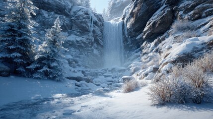 A winter landscape with a frozen waterfall and snow,