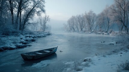 A winter landscape with a frozen river and a boat,