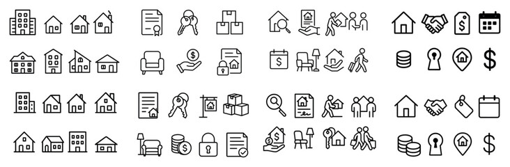 Real estate icons collection including buildings and keys