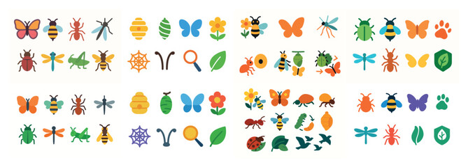 Colorful insect and nature icons collection