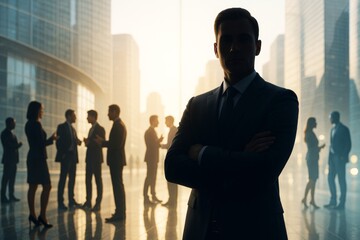 Business professionals networking in modern cityscape with strong backlight and creative warm tones in corporate environment concept.