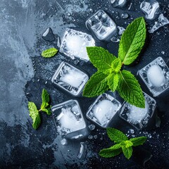 Fresh ice cubes and mint sprigs on dark surface