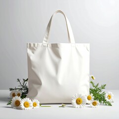 Blank cream-colored tote bag, surrounded by daisies and greenery, on a light gray background