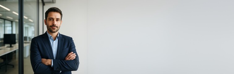 Fototapeta premium Confident businessman in formal suit standing with arms crossed in modern office interior with empty white background and copyspace on side wall. Ai generative