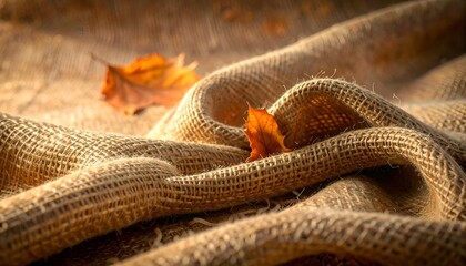 Fototapeta premium Rustic close-up showing textured burlap with two fallen leaves. Soft light and shadows
