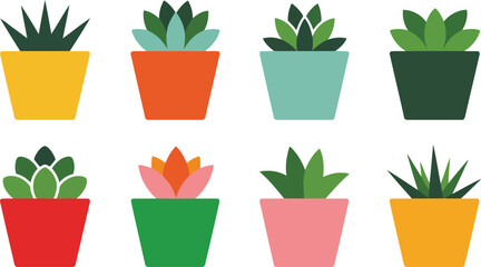 Eight colorful potted succulent plants in a flat design style green