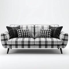 Black and white plaid sofa with bolster pillows