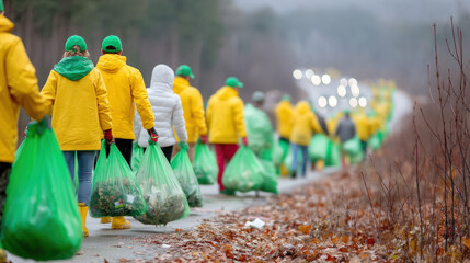 Cleaning up rubbish: volunteers in a park picking up litter and putting it into large garbage bags