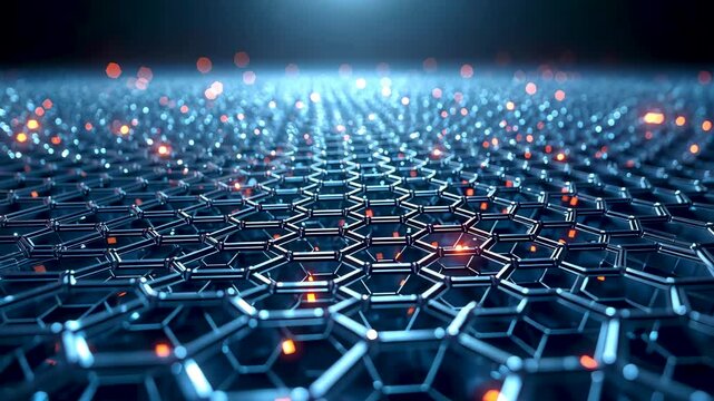 Futuristic hexagonal network surface glowing with active data points and blue digital energy forming advanced high-tech grid pattern